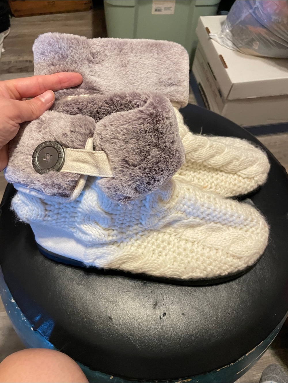 dearfoams Cable Knit Boot Slippers with Faux Fur Cuff - Cream & Light Gray